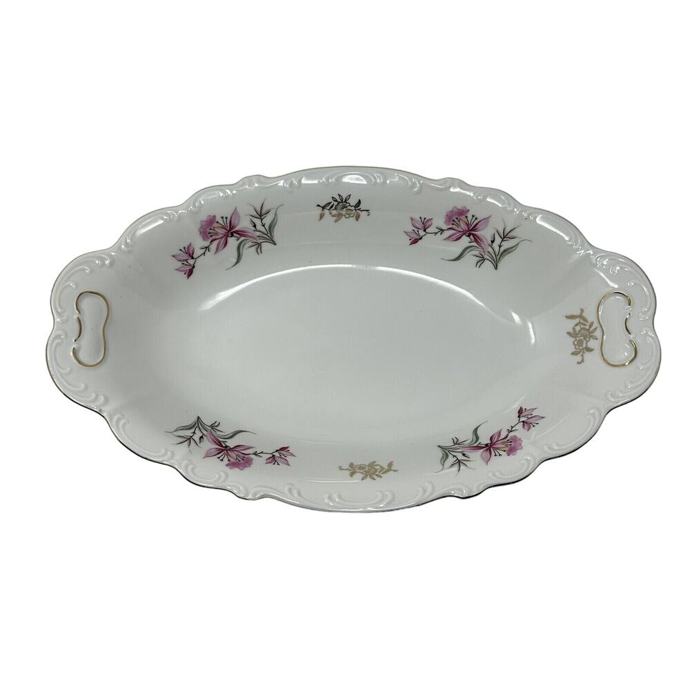 Fine Bohemian China Oval Serving Bowl 13" Long Pink Lily Gold Czechoslovakia Vtg
